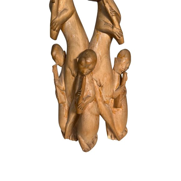 Hand Carved Wooden Figure Five Flute Players Rustic Indonesian Decor Bohemian - Picture 7 of 10